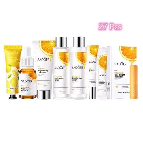 27Pcs Skin Care Set Vitamin C Face Cleansers + Moisturizing lotion + Face Essence +Face Toner Tone+Eye Cream +20Pcs Masks +Lipstick + Hand Cream Gift set