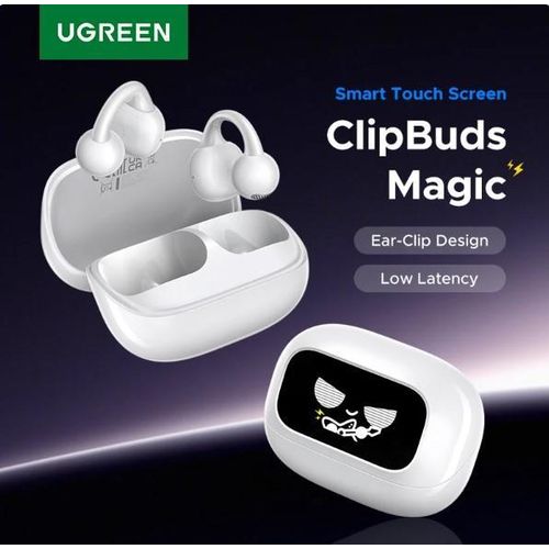 WS208 (UG-55136) ClipBuds Magic True Wireless Earbuds – Smart Touchscreen Display, Long Battery Life Bluetooth Earphones with Charging Case for Smartphone, Tablet, Laptop & Music – White