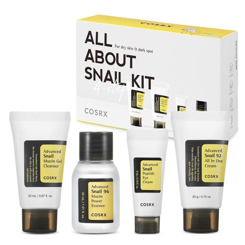 All About Snail Mucin Korean Skin Care Set, Mini Travel Essentials Travel Size Gift Set with Snail Mucin Face Wash, Serum, Moisturizer & Eye Cream, Rejuvenating Kit, Self Care Gift Set