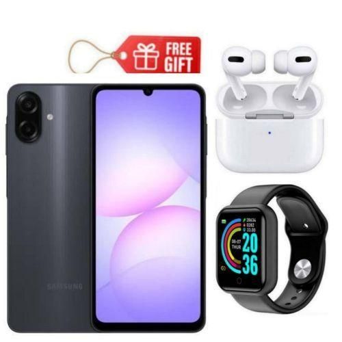 Galaxy A07, 6.7" Display, 4GB RAM + 64GB RM (Dual SIM), 5000mAh, Black + Smart Watch & Airpods,,