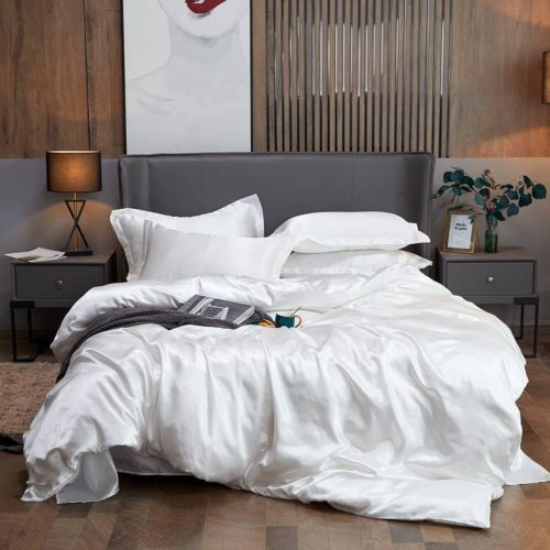Luxury Mulberry silk Duvet Cover Set 4 Piece Bedding Set 1 Duvet Cover 2 Pillowcases 1 Bedsheet Soft Durable Elegant White Finish