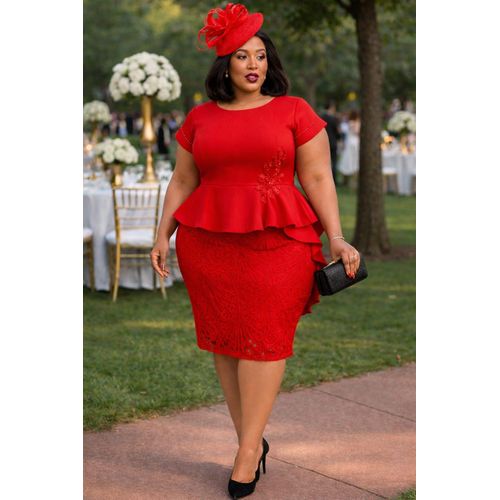 Elegant Semi Turkey Red Heavy Laced Peplum Dress