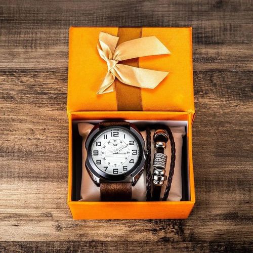 New 2Pcs Set Fashion Mens Watches Gift Box Quartz Watch for Men Luxury Bracelet Male Clock Stylish Wristwatch Set Ideal Christmas Birthday Gift