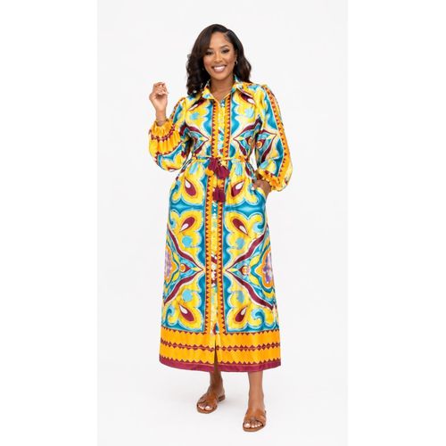 African Print Maxi Shirt Dress with Waist Tie Long Sleeve Ankara Dress
