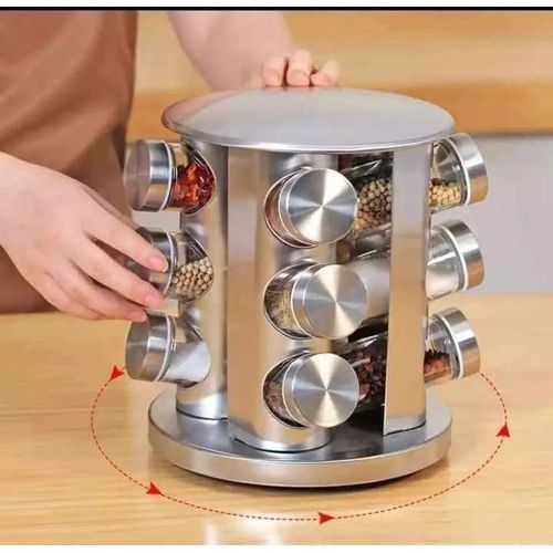 12 Jar Rotating Spice Carousel Organizer – Elegant Kitchen Countertop Rack with Refillable Jars for Easy Access and Storage of Herbs, Spices, and Seasonings
