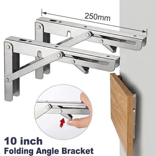 2PCS 10 Inch Folding Shelf Brackets Heavy Duty Stainless Steel Collapsible Wall Mount Bracket for Folding Table, Desk & Bench (Space Saving)