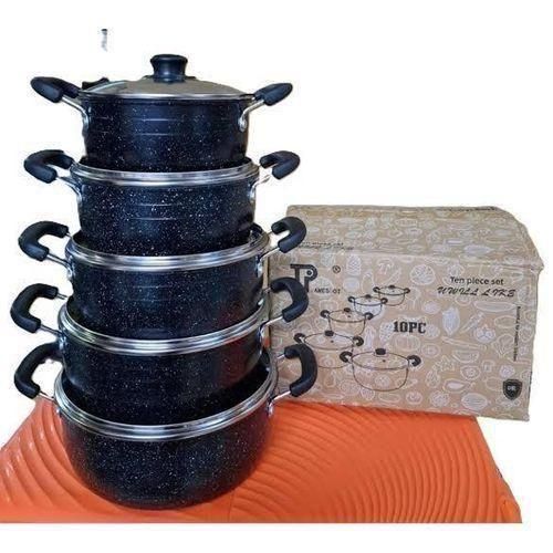 10 Pcs Granite Coated Non-Stick Cooking Pot Set with Glass Lids Black