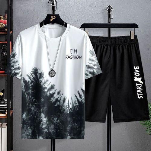 Men's 2-in-1 Short Sleeved T-shirt And Shorts Set Black/White-L