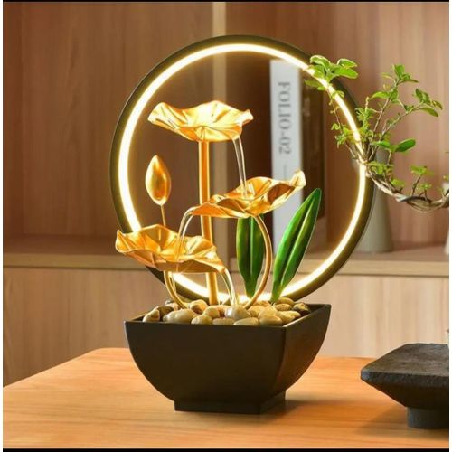 Luxury Golden Lotus Leaf Tabletop Water Fountain – Indoor Zen Desktop Waterfall with Circular LED Halo Light, Realistic Green Leaves, Smooth River Rocks, and Quiet Pump for Office & Home Decor