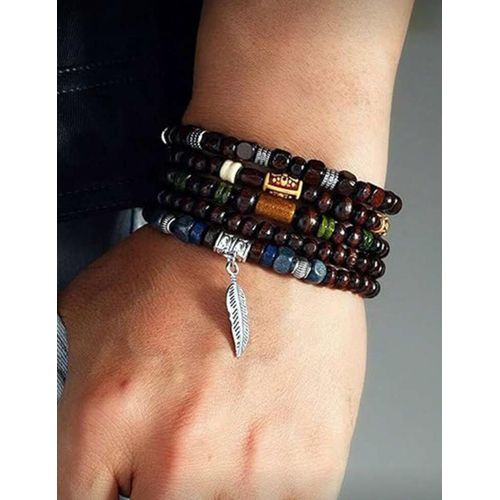 5pcs Men’s Dark Leather Beaded Adjustable Bracelet Set – Stylish Layered Wristband