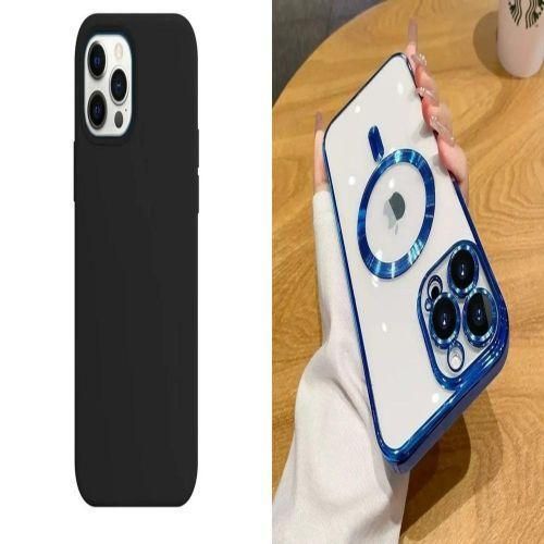 iPhone 13 PRO MAX SILICONE CASE BLACK & MAGNETIC CLEAR CASE BLUE