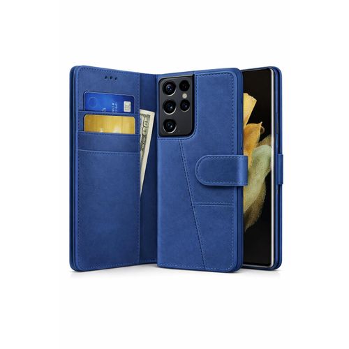 Samsung Galaxy S22 Ultra Executive Leather Wallet Flip Cover Magnetic Stand Shockproof Case - Blue