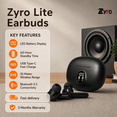 Lite Earbuds, Premium Sound Quality, Bluetooth 5.3 Connectivity, LED Battery Display, 60-Hour Standby Time, USB Type-C Fast Charge, Smart Touch Controls, 10-Meter Wireless Range, Tuned Voice Mics