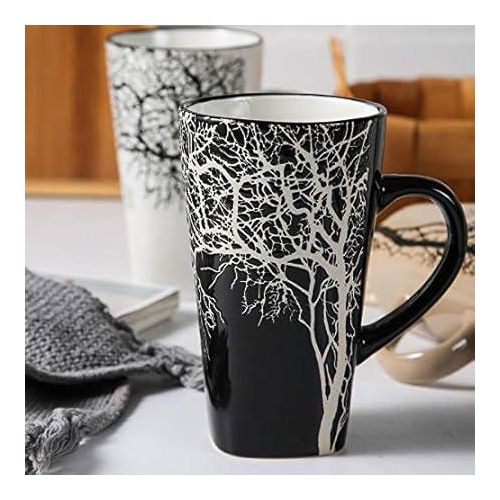 Set of 6 Ceramic Tree Mugs - Black & White Coffee & Tea Cups
