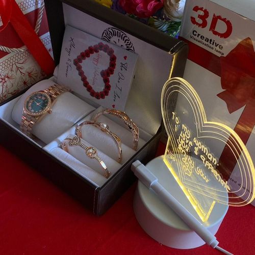ANDE KLEVN Ladies Luxury Gift Pack – Watch, 3 Bracelets, LED Message Board Lamp, Gift Card & Ribbon Gift Bag – Perfect Valentine, Birthday & Appreciation Gift