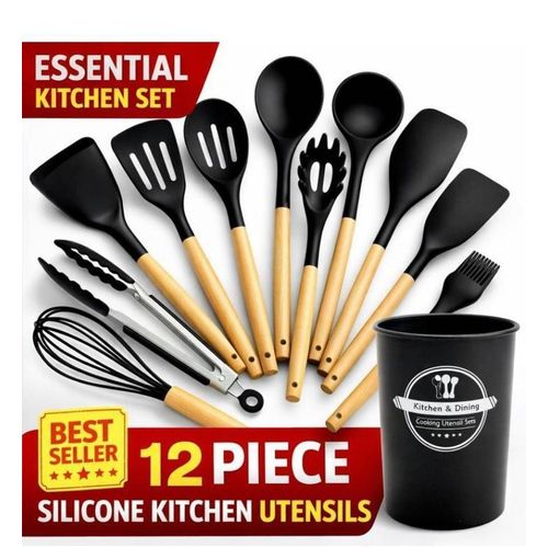 OFFER 12 pcs silicone cooking ware 230oc heat resistant kitchen utensils set with wood handle spatula turner ,spoon ,tungs,whisk