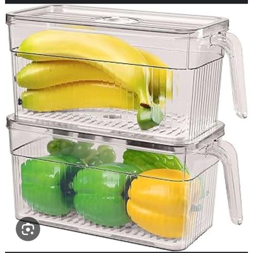 2 Pcs Fridge Acrylic Storage Containers with Drainer & Handles - 3L Eco-Friendly Food Organizer for Refrigerator