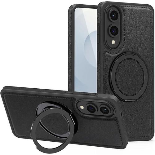 Leather MagSafe Case - Magnetic Ring Holder Kickstand Slim Protective Cover for Samsung Galaxy S25 Edge Black