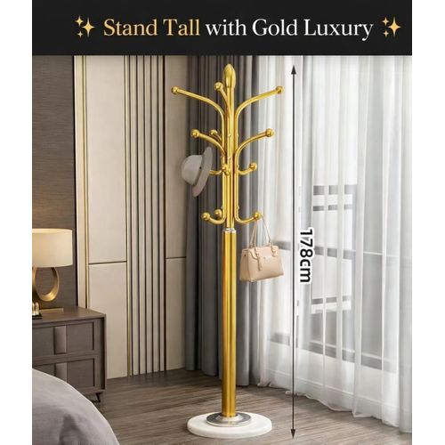 Premium gold stand 178cm with marble base featuring multiple sturdy hooks