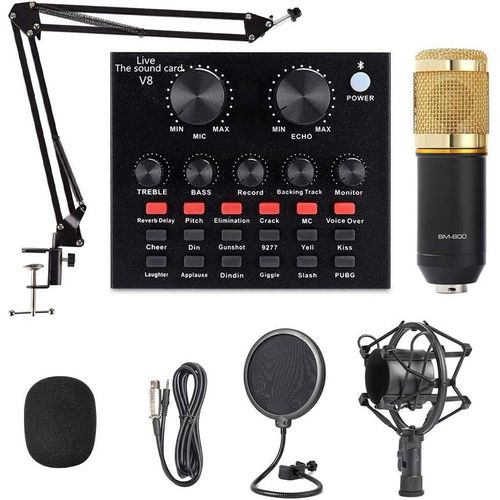 BM-800 USB Recording Microphone Kit with V8 Sound Card, Adjustable Arm, Pop Filter, Shock Mount, Foam Cap for Streaming, Music Production, Podcasting