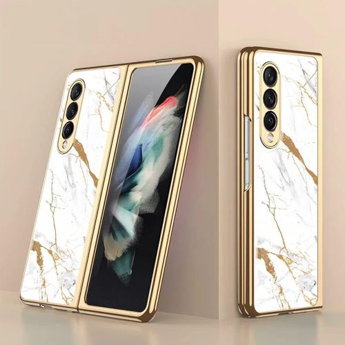 ) SHIEID Samsung Z Fold 3 Case, Z Fold 3 Case Ultra-Thin Tempered Glass Phone Case Protective Cover for Samsung Galaxy Z Fold 3 5G Fashion Electroplated PC Back Cover, Gold line White