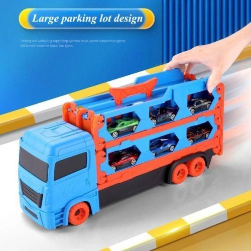Car Transporter Toy Truck with Foldable Racing Track and 6 Mini Cars