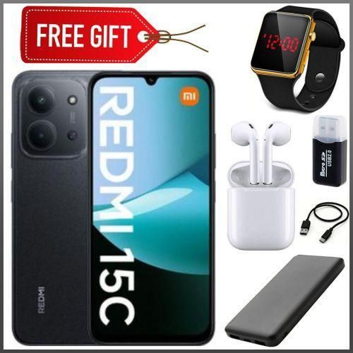 Redmi 15C, 6.9', Up to 8GB Extended RAM(4GB+4GB) + 256GB Storage, 6000 mAh (Dual Sim) Black + LED Watch, Cable, Power bank, card reader & Earpods