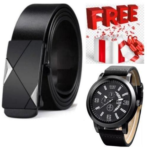 Elegant Black Leather Automatic Buckle Belt For Mens Official Use COME WITH MEN LUXURIOUS WRIST WATCH Hand BRACELETS
