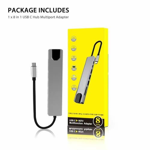 USB C Hub – 8 in 1 Type C Adapter Compatible for USB C Devices HUB TYPE C TO HDMI / RJ45 / 2*TYPE C / 2*USB3