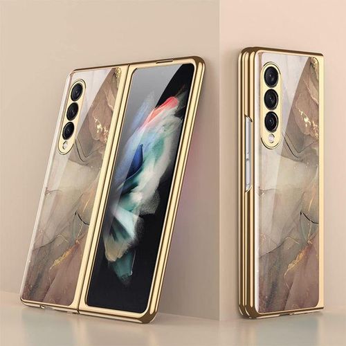 Marble ) SHIEID Samsung Z Fold 3 Case, Z Fold 3 Case Ultra-Thin Tempered Glass Phone Case Protective Cover for Samsung Galaxy Z Fold 3 5G Fashion Electroplated PC Back Cover,