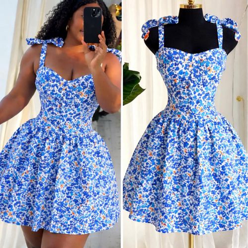 Ladies Floral Bow Strap Summer Dress – Fit & Flare Mini Dress for Women (Casual Party Wear)- Floral Blue