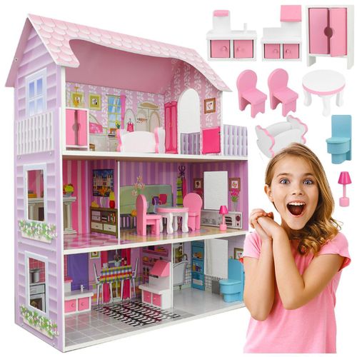 Kids Wooden Doll House – Role Play Playset with Accessories