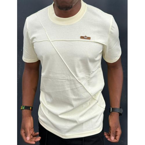 Men's Cream T-Shirt with Diagonal Seam Detail and Chest Logo