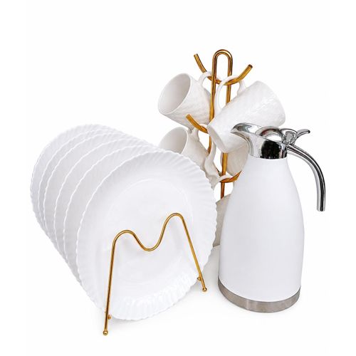 6-Piece Ceramic Plate Set with 6 Ceramic Cups & 1 Unbreakable Vacuum Flask – White