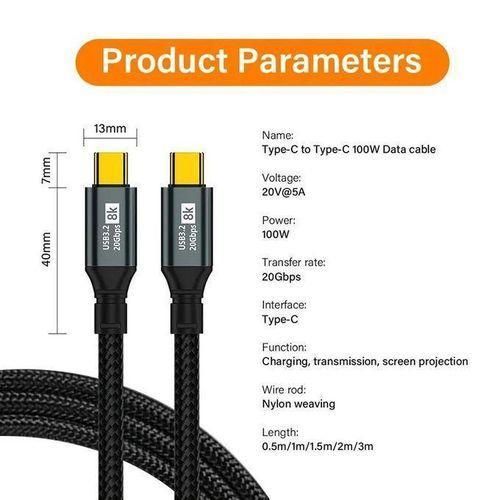 USB 3.2 Gen 2 Type C to C Cable For Phone 15 Pro Max Mac Pad Samsung Nintendo Switch Steam Deck TV SDD Hard drive PD 100W 5A Data Charger 8K 60HZ 4K 120HZ Video Cord 3m Long Cord USBC USB-C USB3.2