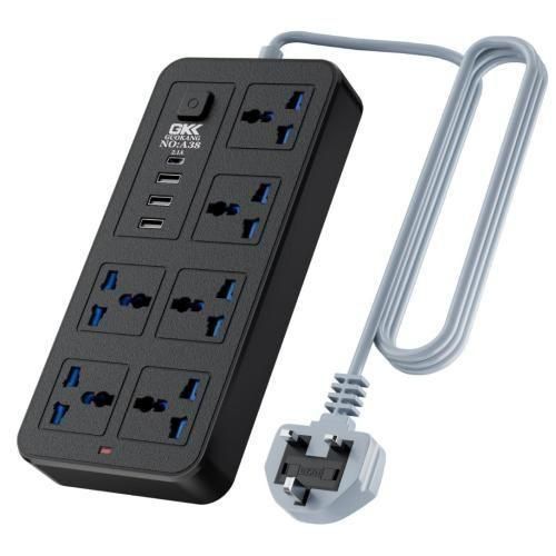 UK Power Strip outlets socket 6 AC Plug Outlets Extender switch and 3 USB 1 type-c Ports 2500W10A59Ft Plug Heavy Duty Extension Cord for Home Office Black
