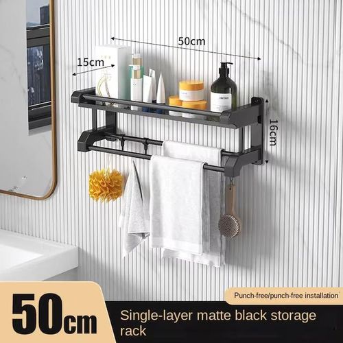 Bathroom Storage Rack Wall Mounted Stainless Steel Non Perforated Towel Rack Single Layer Black
