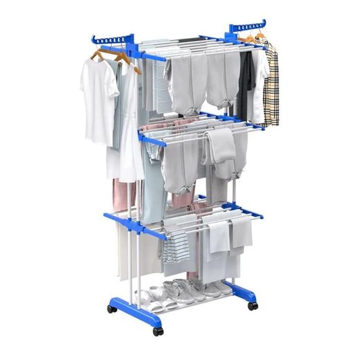 Foldable Movable 3-Tier Metallic Clothes Drying Rack with Shoe Rack, Dual Side Wings & Castor Wheels – Balcony & Indoor Use