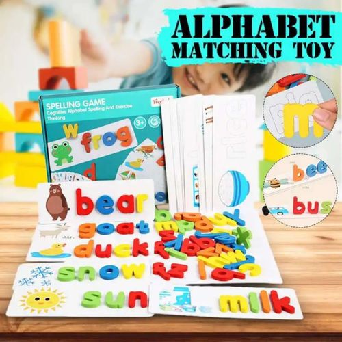 Educational Spelling Game & Word Matching Set – Montessori Letter Recognition & Phonological Awareness Tool – 30 Double-Sided Cards & 60-Piece Alphabet Blocks – Preschool Learning Toy for Kids 3-8 Years