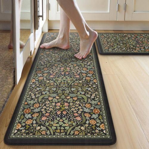 Kitchen Mats for Floor 2PCS, Cushioned Anti Fatigue Mat Non Slip Waterproof Kitchens Sink Rug, Vintage Spring Floral Rugs Comfort Standing Mat for Laundry, Desk