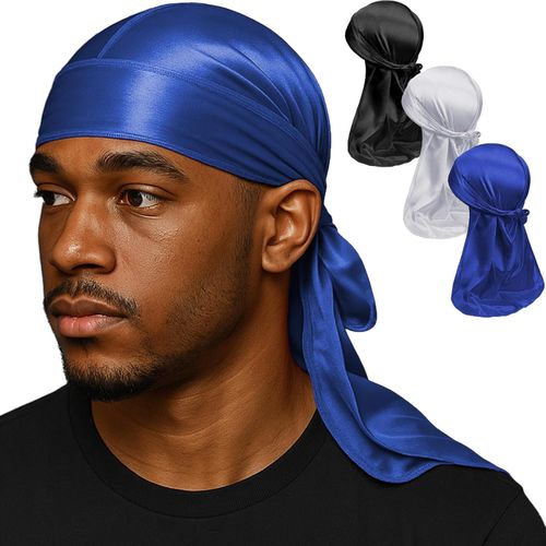 3PCS Silky Durag Pack for Men Waves, Satin Doo Rag for 360 540 720 Waves (Blue+White+Black)