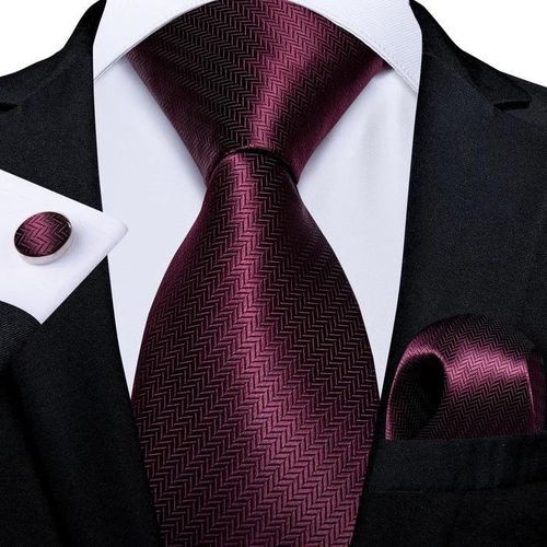 Wine Red Plaid Necktie With Cufflinks And Pocket Square