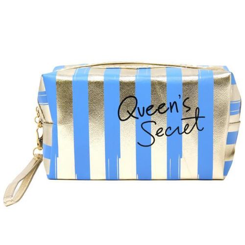 Queen's Secret Cosmetic Bag zip Closure Blue and Gold Striped Hand bag or Makeup Bag with Wristlet.