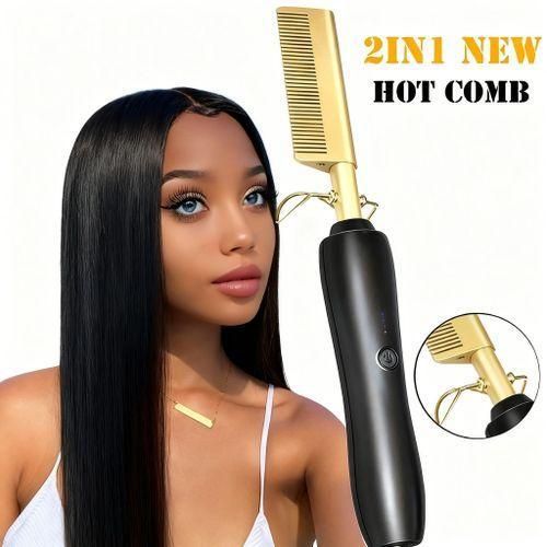 2 in 1 Hot Comb Straightener, Electric Hair Styling Tool for Wet and Dry Use, Dual Flat Iron and Curler, 30cm Heating Comb for Straightening and Styling