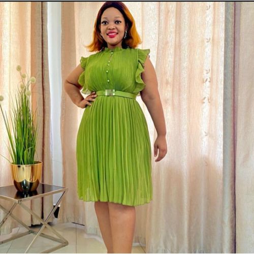 Stylish Ladies Classy Elegant Shiftskater Chiffon Dress for All Occasions with Belt- Green