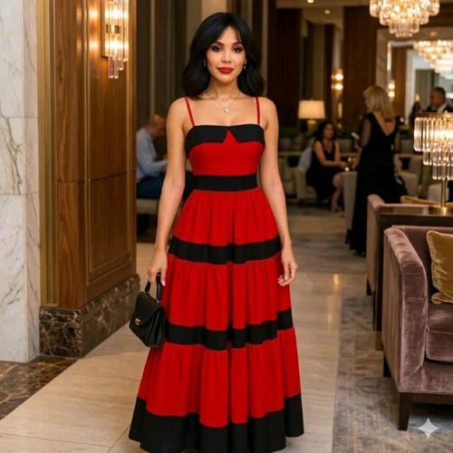 Crimson Black Tiered Maxi Dress - Contrast Banded Spaghetti Strap Evening Gown