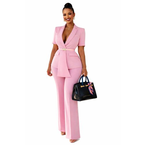 Luxury Tailored Belted Short-Sleeve Blazer High-Waist Wide-Leg Pants Executive Power Suit Set
