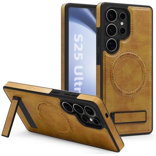 Mocome Premium PU Leather MagSafe Case with Kickstand for Galaxy S25 Ultra – Strong N52 Magnetic Wireless Charging Cover, Shockproof Anti-Slip Protective Phone Case (Brown)