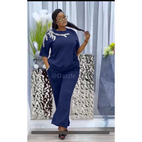 Blue Jemima Plus Size 2 Piece Curvy Women Sexy Short Sleeve Tops Casual Wide Leg Pants Sweat suits Sets