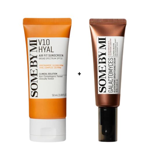 V10 Hyal Airfit Sunscreen SPF 50 with Niacinamide + Galactomyces Face Cream. Offer sun protection, Moisturizes, Glows, Fade Dark Spots, Hyperpigmentation, Evens, Soothes, Stimulate Collagen Production, Brightens, & Enhance radiance.